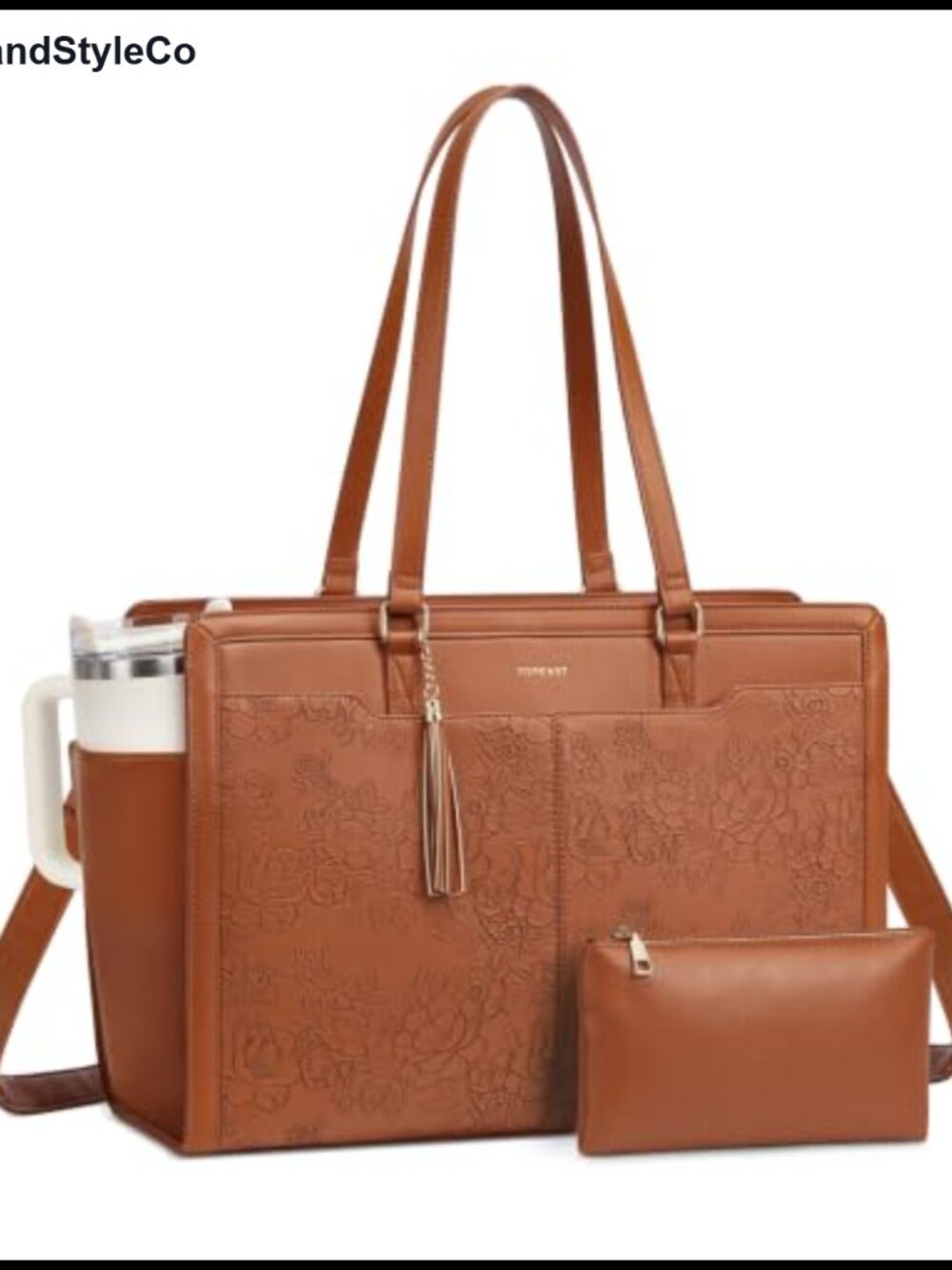 Embossed Vegan Leather Laptop Tote Bag Fits 15.6 Inch with Cup Holders